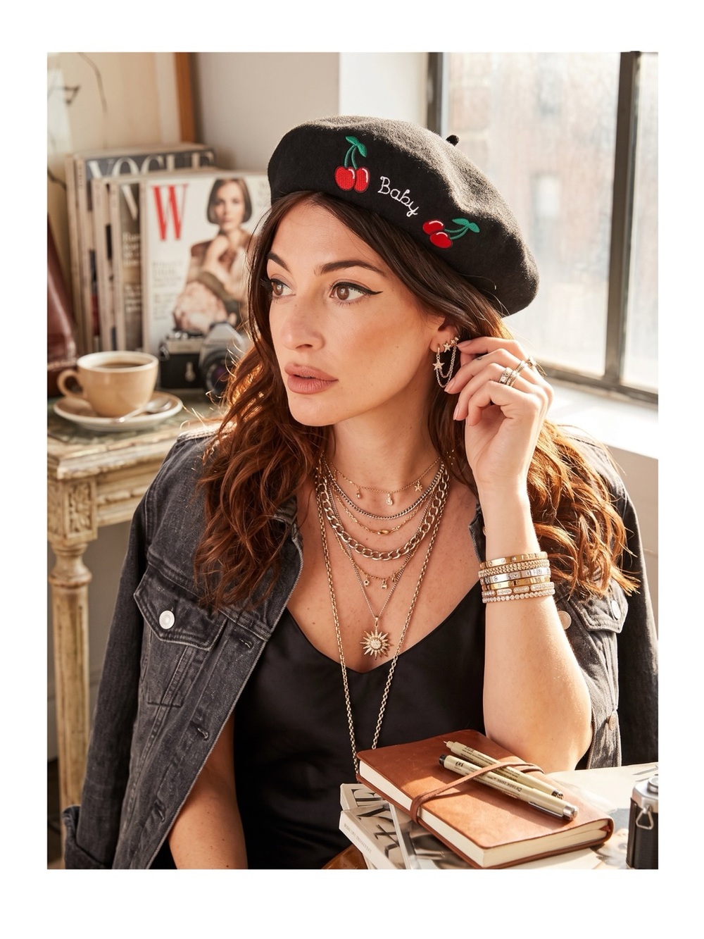 VHTF: Valfre ☻︎ Cherry Bomb Baby Embroidery Wool French Beret ☻︎ Black XS S M L